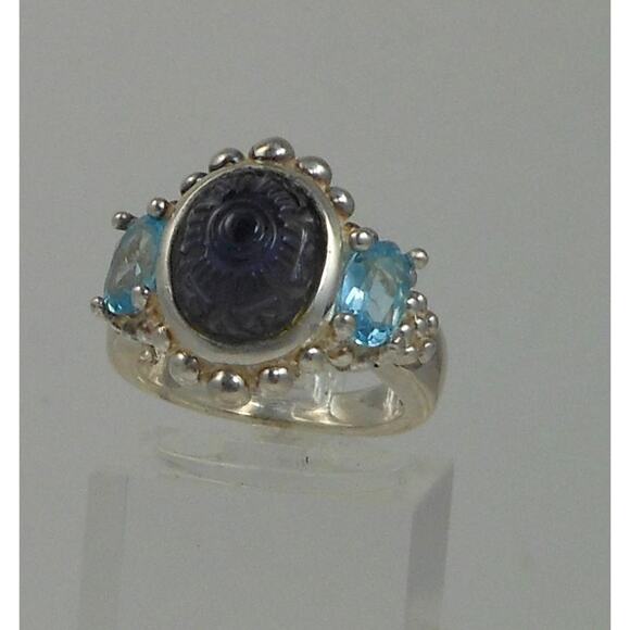 Handcrafted Vintage Blue Topaz Sterling Silver Ring Carved Chalcedony Size 4.5 - Picture 7 of 7